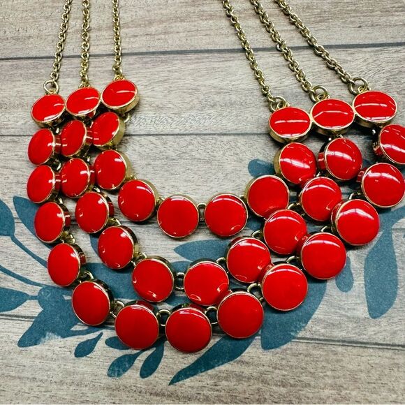 Gold Red Enamel Circles Multi Strand Necklace 22-24 In B3 - Picture 2 of 3